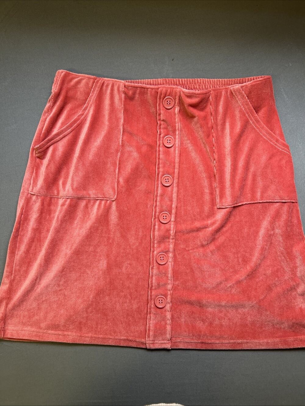 Lula Roe Mini Skirt Pink Button Front Women's L Velvet Stretch Elastic Waist EUC